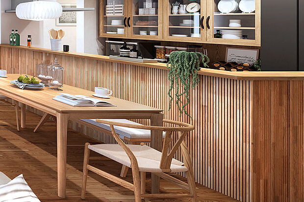 【【ウッドパネル「the wallノーチス」】】キッチンカウンターには、ウッドパネル「ノーチス」を採用。木の温もりを感じさせる素材感が、やさしい表情を添えてくれます。※号棟により採用状況が異なります。