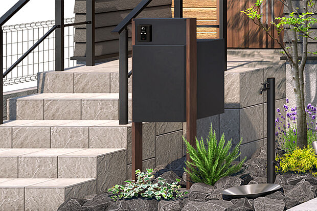 【【宅配ボックス付機能門柱】】宅配ボックス付のスタイリッシュな機能門柱。留守の間でも宅配便が受け取れるため配達時間を気にせずに外出できます。