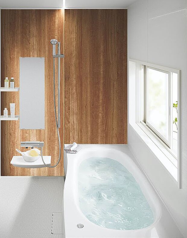 【【浴室/Panasonicオフローラ】】時間にも気持ちにもゆとりが生まれる、キレイが保てるバスルーム。洗練されたデザインと、お掃除性にも配慮しています。