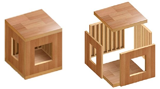 【ツーバイフォー工法】
構造用製材でつくった枠組みに構造用合板を貼り付けたパネルで、床・壁・天を構成して建物を支えています。面構造を基本にしたツーバイフォー工法はあらゆる自然条件をしのぎ、抜群の強さを発揮します。