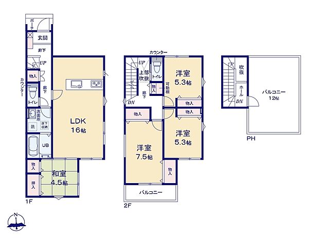 11号棟間取り図
2階には3部屋の洋室。各階の廊下に配置されたクローゼットは、かさばりやすい生活用品などの収納に便利です。