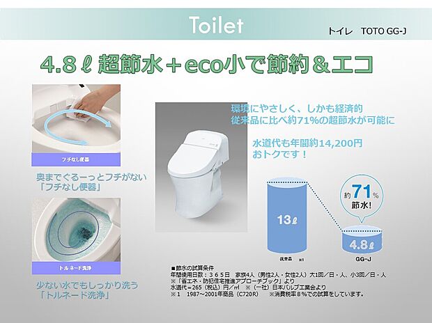 【トイレ】「フチなし便器」と「トルネード洗浄」でお手入れ簡単。従来品に比べ超節水が可能になりました。環境に優しく水道代の負担も軽く経済的です。