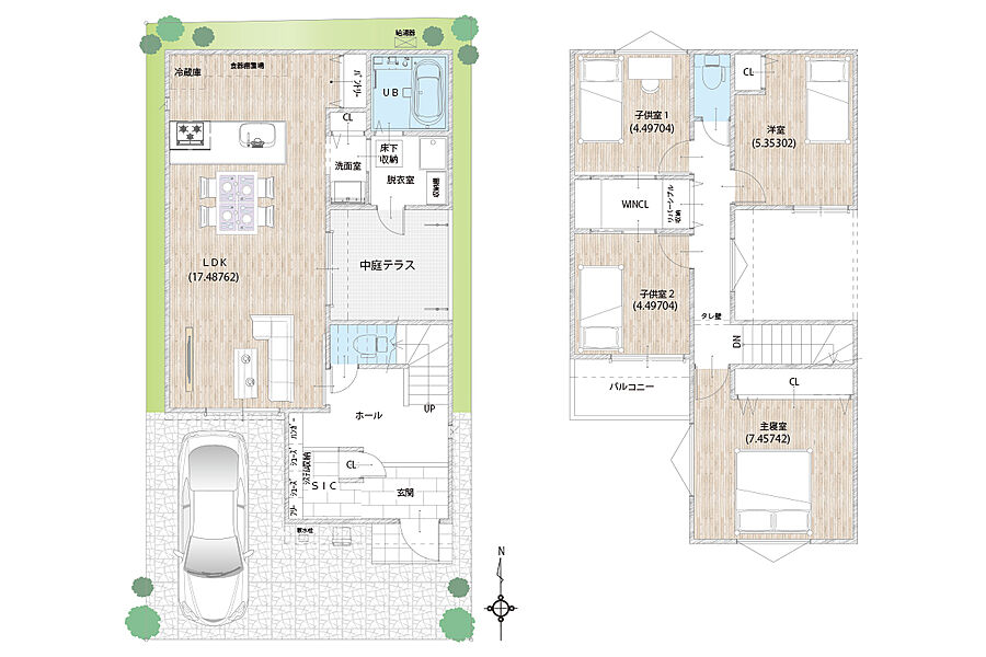 4LDK+中庭テラス＋2台駐車スペース