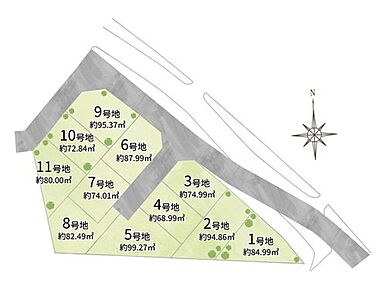 全11区画の配置図です。区画内道路を囲むように各区画が配されています。区画ごとの位置関係を比べながら、ご検討を進められそうです。 