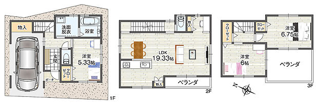建物プラン例、土地価格880万円、土地面積57.99m2、建物価格2150万円、建物面積89.83m2 LDKは19帖以上のゆとりある空間。ご家族でゆったりと寛げる2階リビング仕様です。全居室収納付。