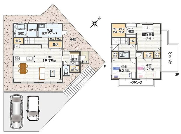 【【建物プラン例】C-1号地PLAN(2)】3LDK、土地面積143.66m2、建物価格2270万円、建物面積100.02m2
約18.75帖の広々LDK。中庭やゆとりある洗面・家事スペースも魅力。