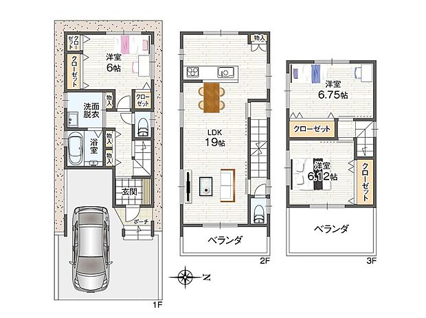 【3LDK】2階に約19帖の広々としたLDKを配置し、採光やプライバシーに配慮した3LDKの間取り。駐車場は1台分あります。