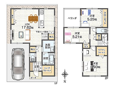 3LDK、建物価格1928万円、建物面積88.68m2
全居室収納に加え、各階の廊下にも物入を配置した収納充実の間取りプラン♪約17.62帖のLDKは4面採光を確保しました！カースペース1台分付き(車種による)。 