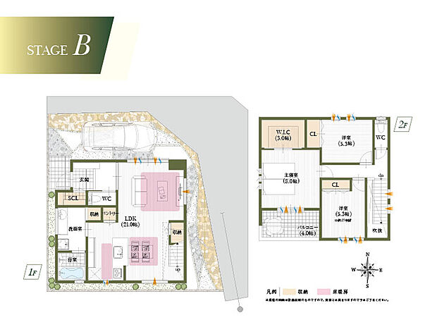 【【B号地参考プラン】】角地の陽当たりの良さを感じられるよう、大きな窓をたくさん設けました。南向きの広々バルコニーでは優雅に読書やティータイムを。
建物面積:101.86m2