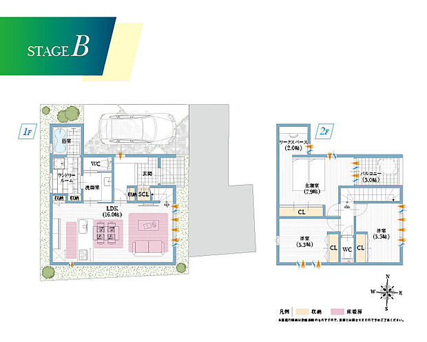 【【B号地参考プラン】】仕事や趣味の時間を楽しむワークスペースがあり、お家時間が充実。ランドリールームはママの強い味方です。
建物面積:92.73m2