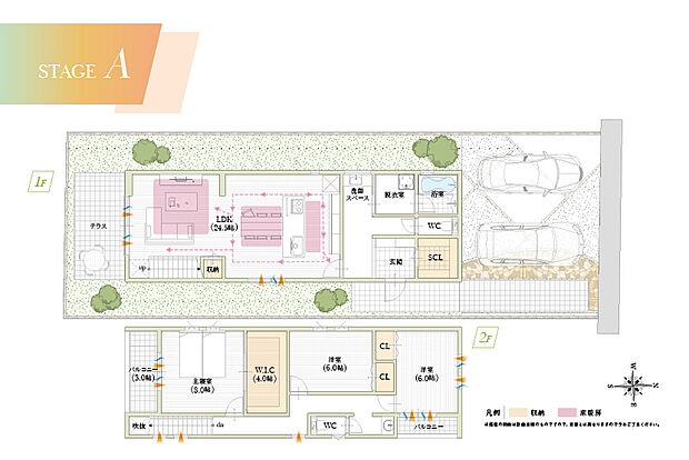 【【A号地参考プラン】 】【A号地参考プラン】
24.5帖の広々LDKには、アイランドキッチンを採用。大型W.I.CやSCLなどの豊富な収納スペースも確保。お家時間が快適になるような工夫を散りばめたプラン。
建物面積:120.06m2