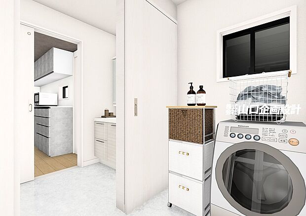 【内観完成予想図 脱衣室・洗面室・キッチン】キッチンから洗濯機まで直線で移動できます。また洗面室・キッチン・ホールを回遊出来るので大変便利です。 ※図面を基に描いたもので実際とは異なります。調度品等は含みません。