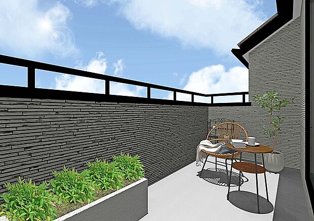 【完成予想図 ダイニング】東側に配置された奥行きのあるルーフバルコニー、開放的な空間で大切な人と大切な時間をお過ごしください。 ※図面を基に描いたもので実際とは異なります。調度品等は含みません。