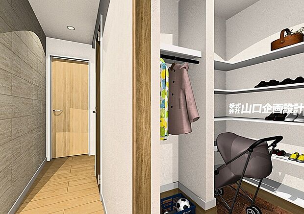 【完成予想図 シューズインクローク】靴はもちろん、ベビーカーやゴルフバックなどの収納にも便利です。 ※図面を基に描いたもので実際とは異なります。家具などの調度品は含みません。