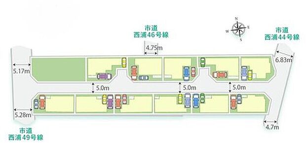 【全体区画図】
急行・準急停車駅まで徒歩12分～13分の利便性高い全11家族の街。南側・東側接道に面した、開放的な6号地を販売中です！周辺環境とあわせて、ぜひ一度現地をご見学ください。
