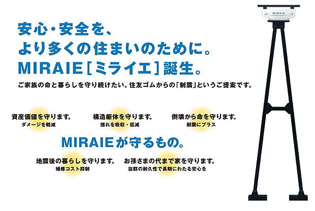 【制振装置「MIRAIE」】SOUSEIでは、標準でMIRAIEを採用しています。2016年に発生した熊本地震において、MIRAIE採用のお家は半壊・全壊0の実績があります。建物の地震対策として、耐震・制振・免振と3つの中でMIRAIEは制振構造にあたります。 ※SOUSEI Standardの場合 ※Line upにより仕様は異なります。