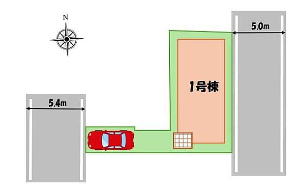 通りより少し奥へ入っておりますので、プライベート空間を確保できる敷地延長の土地!
2方向の道路に面しているため、陽当り・風通しが良いです♪前面道路は交通量少なめの5.4m道路。お車の駐車も楽々です。