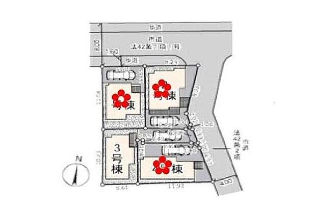 【全体区画図】
人気の低層住居専用地域は落ち着いた住環境。前面道路は歩道が整備されているため、小さなお子様にも安心です♪