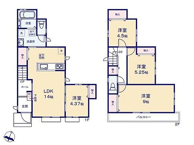 【4LDK】◇水回り集中設計で家事導線がらくらくです♪◇リビングに続く居室はお子様の遊び部屋や寛ぎスペースに◎◇全居室収納完備でお部屋がスッキリ片付きます♪