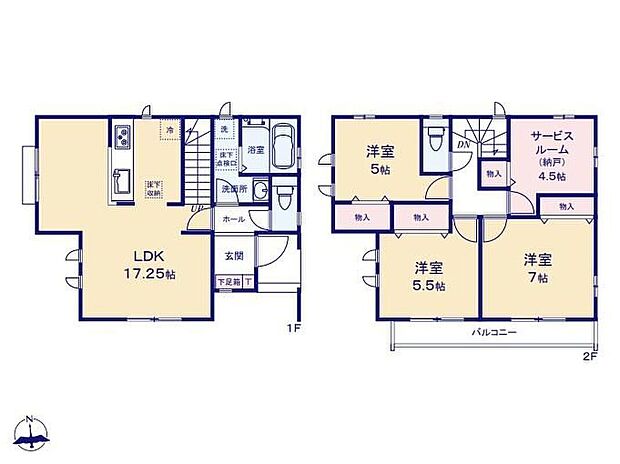 【3LDK+S】◇三面採光のLDKは、明るく心地よい空間を作り上げます♪◇コミュニケーションが取りやすい対面式キッチンやリビングイン階段採用♪◇生活リズムに自然とメリハリが生まれる2階にお部屋をまとめたプラン♪