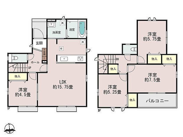 【4LDK】◇急な来客時も対応しやすい、ホールから直接で入りできる1階居室♪
◇家事導線がスムーズな水回り集中設計！調理の合間にサッと洗濯を回せます♪
◇季節物や掃除用具もスッキリ片付く2階のホール収納♪