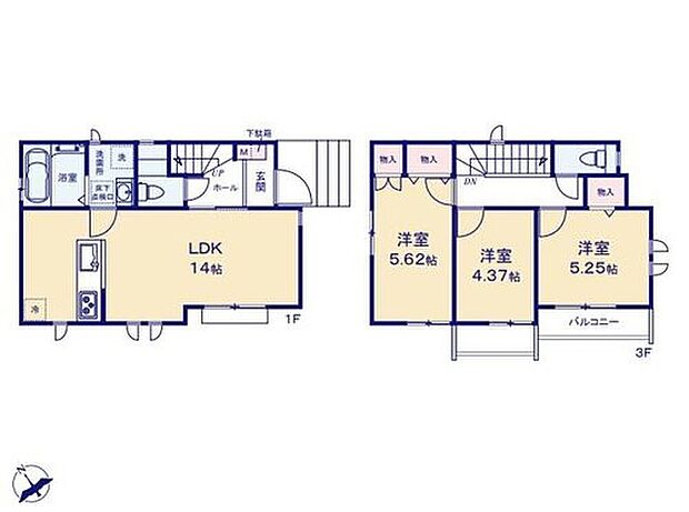 【3LDK】日当たりもよく、広々としたリビング。ゆったりとした家族のお時間を。
キッチンと洗面所が近く洗濯物を洗っている間にご飯の下ごしらえなど
効率的な家事動線の間取り設計です☆