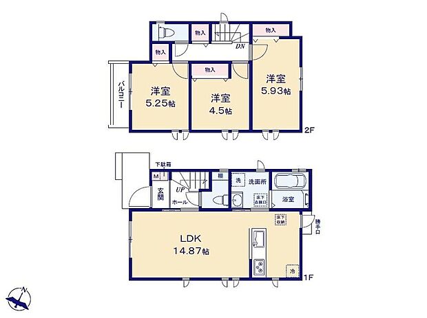 【3LDK】陽当たりも良く明るい、全室南向きのお住まい♪水回りが集約し忙しい朝もスムーズな家事動線に◎日用品の収納にうれしい2階廊下収納も付いています!