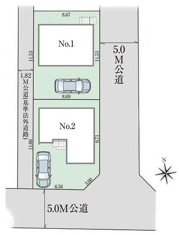 【全体区画図】住環境良好な人気の低層住居専用地域に立地しております。守られた環境は、お子様との暮らしにもおすすめです◎
周辺道路幅は5ｍあるのでお車の駐車も安心して行えます◎