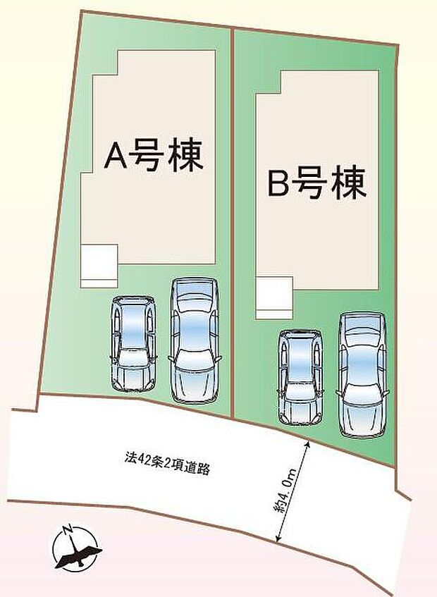 【全体区画図】カースペースは車種により２台分駐車可能！前面道路は車通りが少ないため、駐車の際にも慌てることがなく安心です♪
