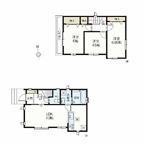 全居室南向きの明るく開放的な間取り♪居室を2階にまとめ、プライベート時間もしっかり確保♪リビングの様子も分かりやすい対面式キッチン♪水回り集中設計で家事効率がアップ！ 