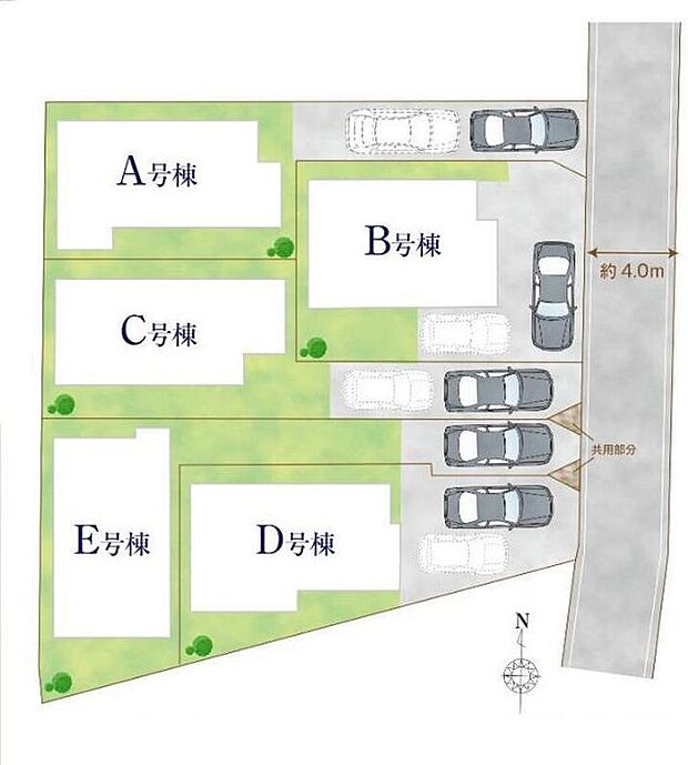 【全体区画図】車通りの少ない前面道路、小さなお子様がいても安心です。車種によりカースペース1~2台分ございますので、家族分の自転車を駐輪したり、来客用の駐車スペースとしてもお使いいただけます。