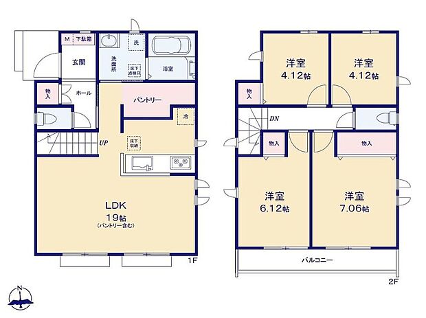 【4LDK】広々19帖のLDKは、リビングイン階段でご家族が顔を合わせられる間取りです♪キッチン後ろには食料品のストックにも便利なパントリー付き◎