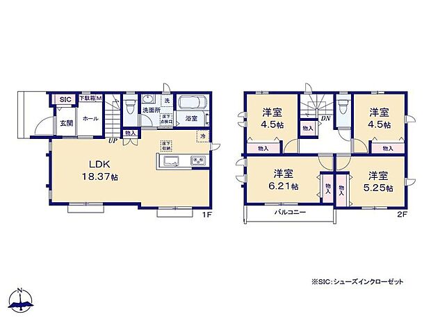 【4LDK】広々18帖超えのLDK!リビングイン階段でご家族のコミュニケーションが増える間取りです♪玄関にはSIC付きなので季節物の靴もたっぷり収納できます◎