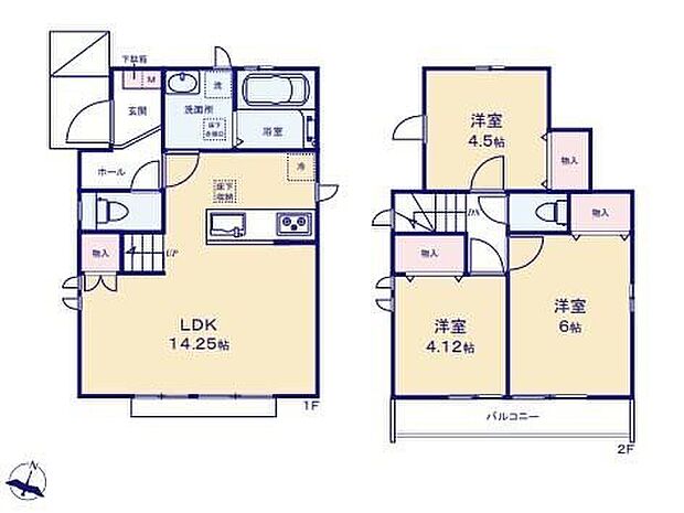 【3LDK】キッチンと洗面所が近くにあるので、洗濯物を洗っているうちにご飯の下ごしらえなどの「ながら家事」がしやすいレイアウト♪家族のコミュニケーションを重視した対面式キッチン・リビングイン階段プランです。