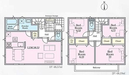 ◇各居室やリビングなど、室内各所に収納スペースが充実した住まい♪◇広々18.5帖のLDK！対面キッチンからはLDK全体を見渡せます♪◇個の時間を大切にする居室をしっかり分け合える２階４居室プラン♪ 