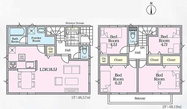 【4LDK】◇各居室やリビングなど、室内各所に収納スペースが充実した住まい♪◇広々18.5帖のLDK!対面キッチンからはLDK全体を見渡せます♪◇個の時間を大切にする居室をしっかり分け合える2階4居室プラン♪