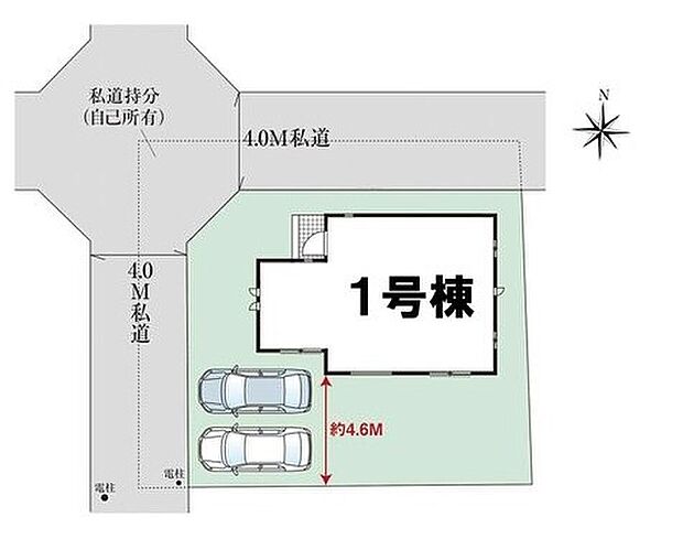 ≪全体区画図≫
開放感のある角地物件♪
駐車2台可能（車種による）！急な来客時や、ご家族の自転車スペースとしても大活躍♪