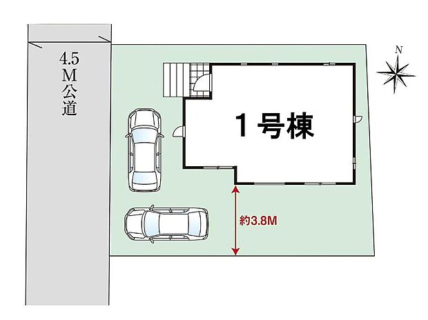 ≪全体区画図≫
奥行き約3.8ｍの広々南庭付♪
駐車2台可能（車種による）！急な来客時や、ご家族の自転車スペースとしても大活躍♪