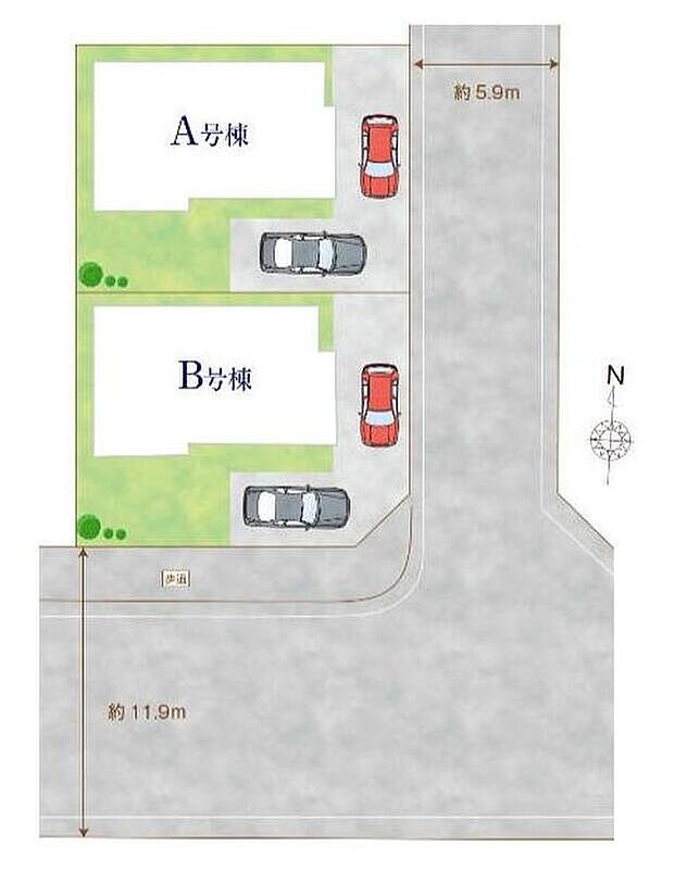 ≪全体区画図≫
駐車2台可能（車種による）！急な来客時や、ご家族の自転車スペースとしても大活躍♪