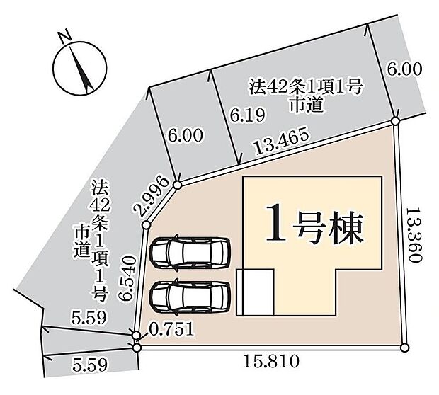 ≪全体区画図≫
開放感のある角地物件!
駐車2台可能(車種による)!急な来客時や、ご家族の自転車スペースとしても大活躍♪