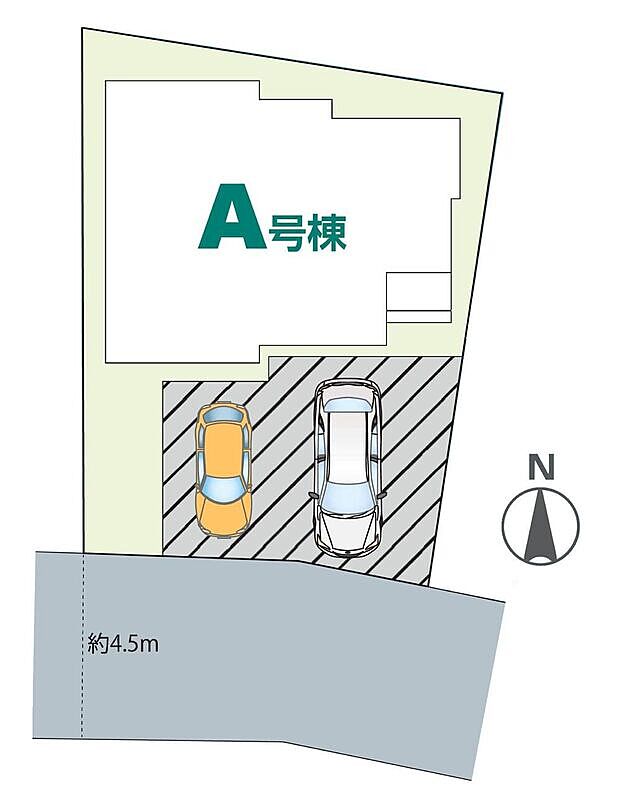 ≪全体区画図≫南前面道路で陽当たり良好♪駐車2台可能(車種による)!急な来客時や、ご家族の自転車スペースとしても大活躍♪