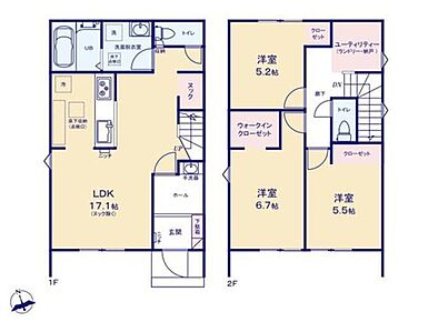 家事のしやすい水廻り集中設計、玄関ホールには手洗器付きプラン♪
LDK、トイレ、居室にはおしゃれなアクセントクロス！ 