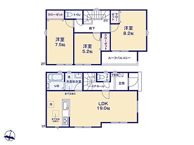 全居室南向きの陽光あふれるプラン♪
家事のしやすい水廻り集中設計、LDKはゆとりの19帖！ 