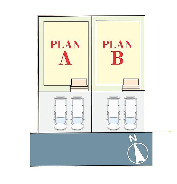 【全体区画図】南前面道路で陽当たり良好♪
駐車2台可能(車種による)!急な来客時や、ご家族の自転車スペースとしても大活躍♪