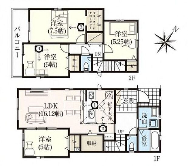 【4LDK】お掃除ラクラク全居室フローリングプラン♪
リビングに便利な収納付き！