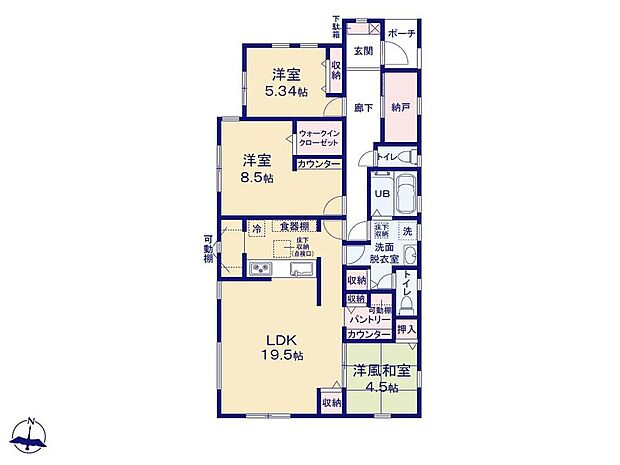 【3LDK+S】ゆとりある広さの平屋建て!19帖超えのリビングには憩いの和室付きです♪
可動棚付きのパントリーやWICを備えた収納豊富な間取り◎
納戸もあり、季節物家電などもすっきり片付きます♪