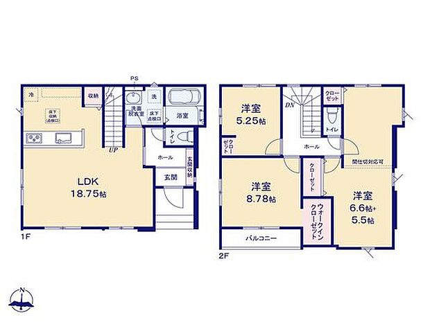 【3LDK】家族のコミュニケーションがとりやすいリビングイン階段！
主寝室には収納力のあるWIC♪
2階洋室をオプションで4LDKに間仕切対応可能！