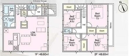 1階は家族でゆったりお過ごしいただけるLDK、プライベート空間は2階に配したプランです♪
家事のしやすい水廻り集中設計！家族のコミュニケーションがとりやすいリビングイン階段！ 