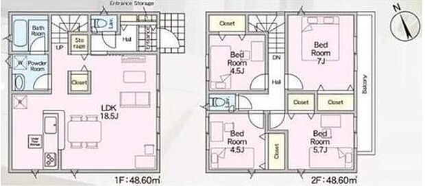 【4LDK】1階は家族でゆったりお過ごしいただけるLDK、プライベート空間は2階に配したプランです♪
家事のしやすい水廻り集中設計！家族のコミュニケーションがとりやすいリビングイン階段！