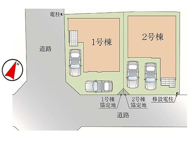 【全体区画図】駐車2台可能（車種による）！急な来客時や、ご家族の自転車スペースとしても大活躍♪
前面道路が広いので、駐車もラクラク！